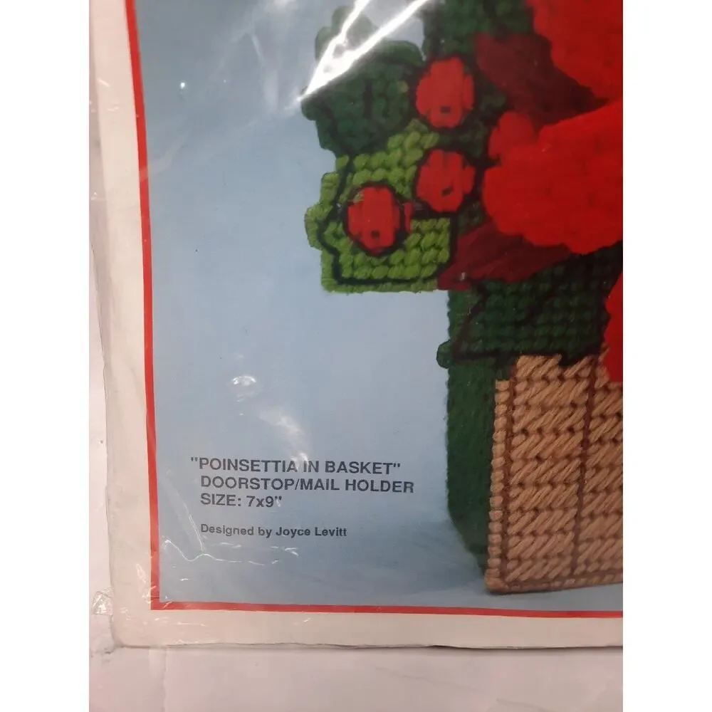 Vintage Bucilla Christmas Plastic Canvas Kit Poinsettia In Basket Doorstop